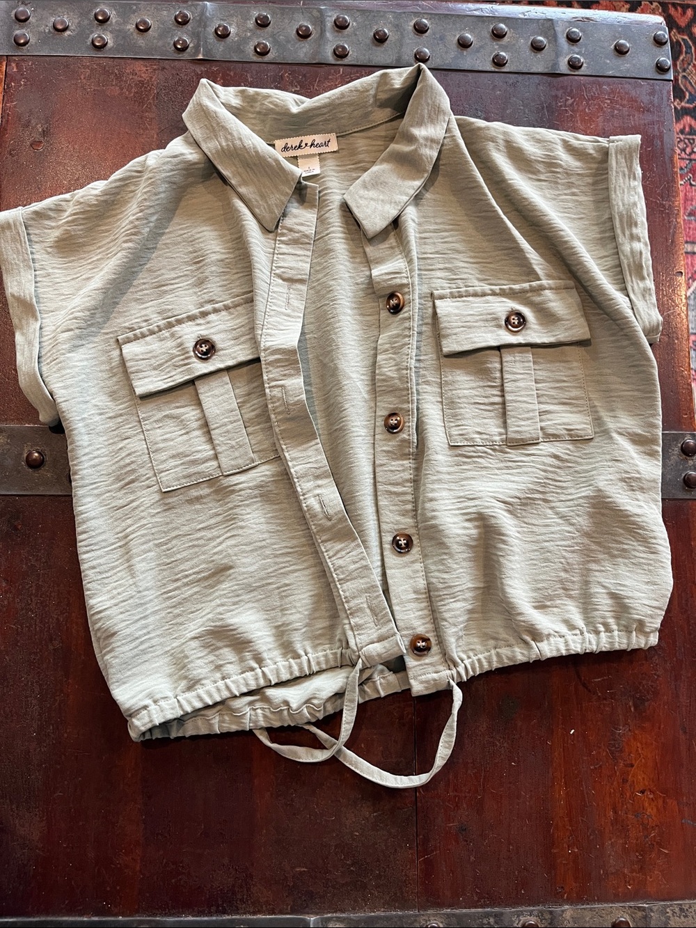 Derek Heart Olive Green Short-Sleeve Button Front Juniors Shirt
